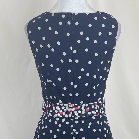 R & K Sheer Navy White Polka Dots Pleated Belted Feminine Maxi Dress NWOT Size 8 - Picture 5 of 13
